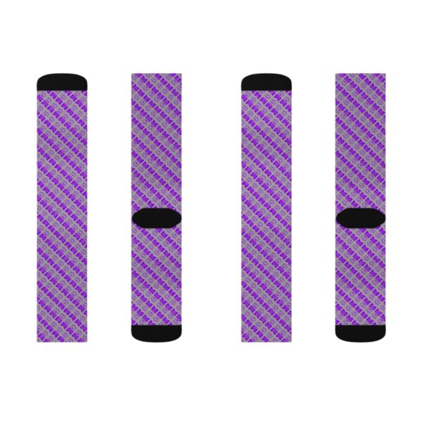 Gray Sublimation Socks w/ Purple Pop Art Soup Can Pattern - Image 2