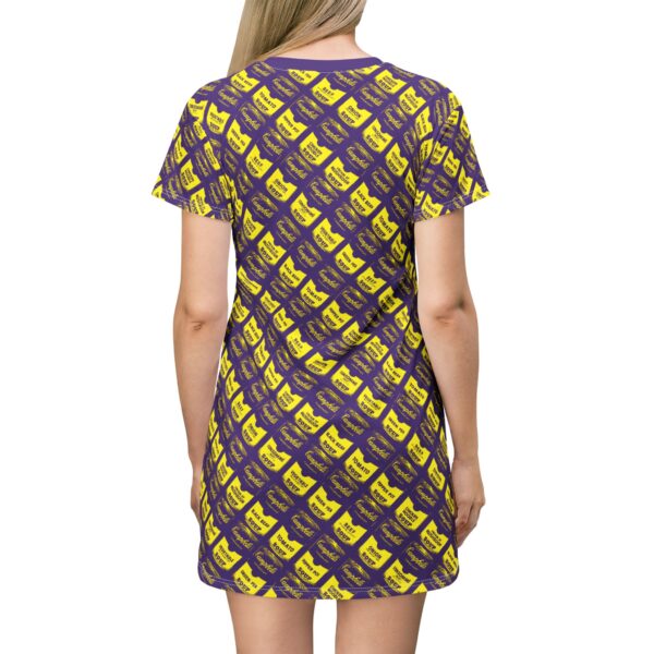 Yellow on Purple Pop Art Soup Can Pattern T-Shirt Dress - Image 2