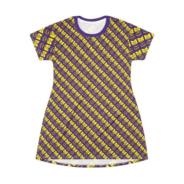 Yellow on Purple Pop Art Soup Can Pattern T-Shirt Dress - Image 3